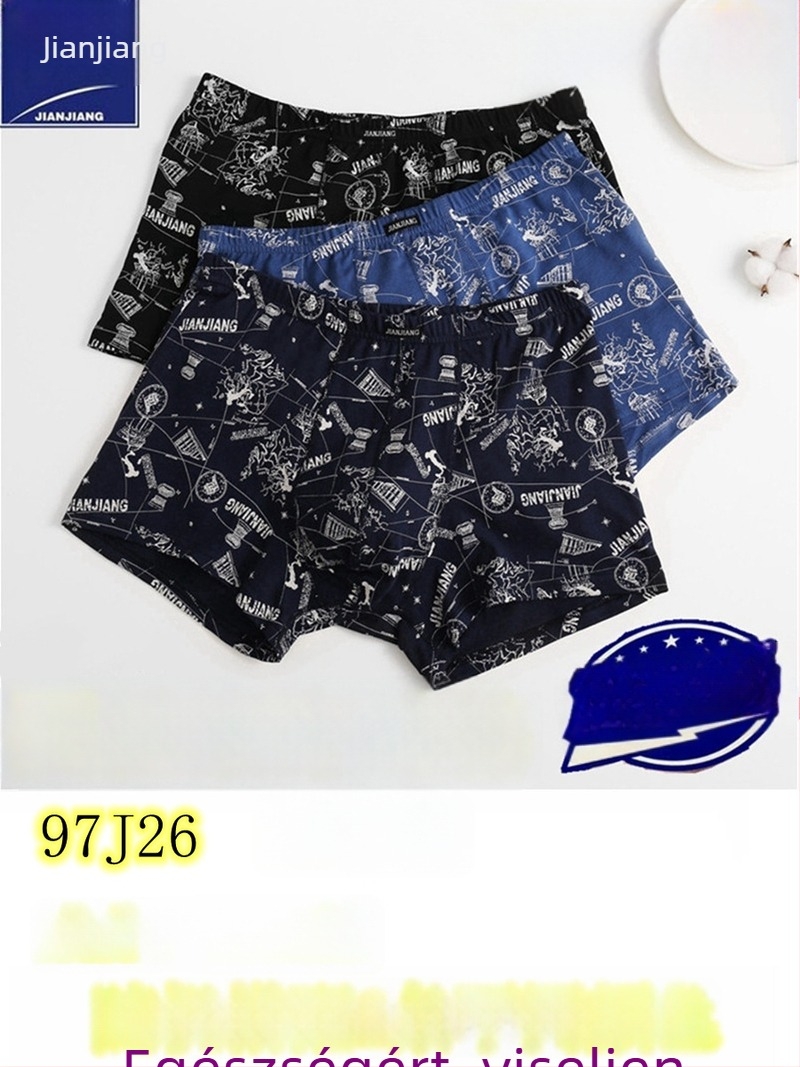 Jianjiang férfi 9542 pamut boxer alsónemű, lélegző, középmagas derekú, geometriai mintás, kényelmes, laza fazon