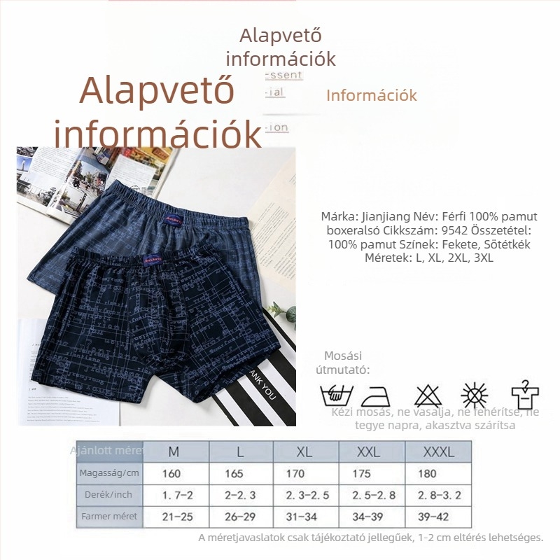Jianjiang férfi 9542 pamut boxer alsónemű, lélegző, középmagas derekú, geometriai mintás, kényelmes, laza fazon