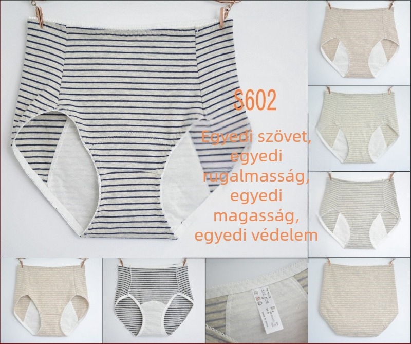 Pamut csíkos női menstruációs alsónemű, magas derekú, előre hosszított szivárgás elleni védelem, gyorsan szárad