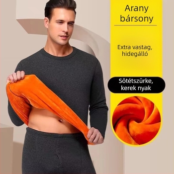 Férfi téli termoszett — 100% poliészter, vastag fleece bélés, kerek nyakú hosszú ujjú felső és nadrág