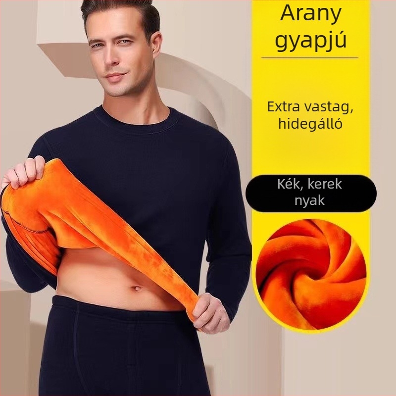 Férfi téli termoszett — 100% poliészter, vastag fleece bélés, kerek nyakú hosszú ujjú felső és nadrág