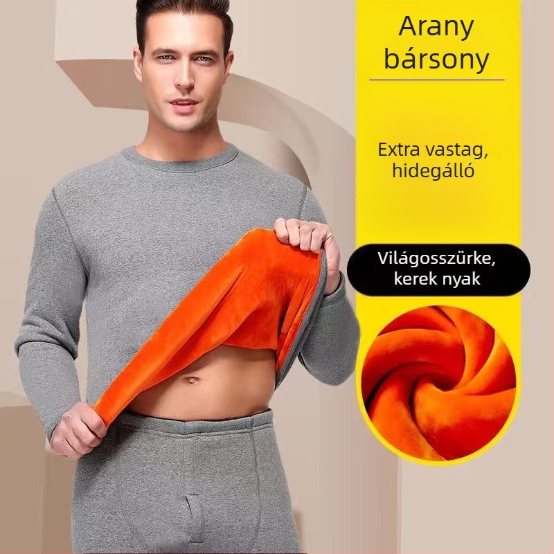 Férfi téli termoszett — 100% poliészter, vastag fleece bélés, kerek nyakú hosszú ujjú felső és nadrág
