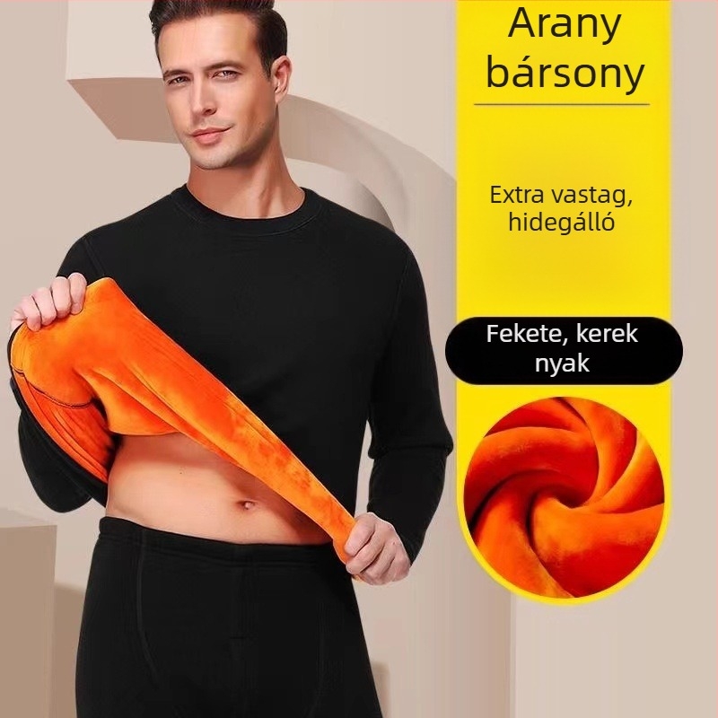 Férfi téli termoszett — 100% poliészter, vastag fleece bélés, kerek nyakú hosszú ujjú felső és nadrág