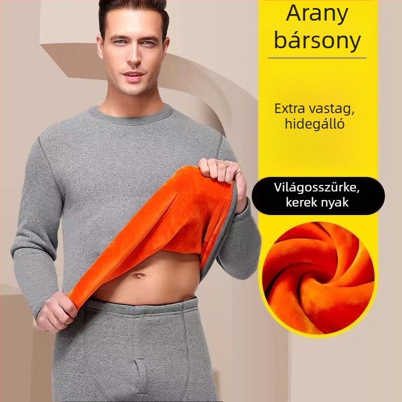Férfi téli termoszett — 100% poliészter, vastag fleece bélés, kerek nyakú hosszú ujjú felső és nadrág