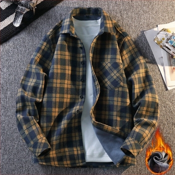 381 Bélelt fleece-kockás férfiing, galléros, hosszú ujjú, casual