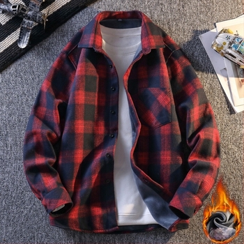 381 Bélelt fleece-kockás férfiing, galléros, hosszú ujjú, casual