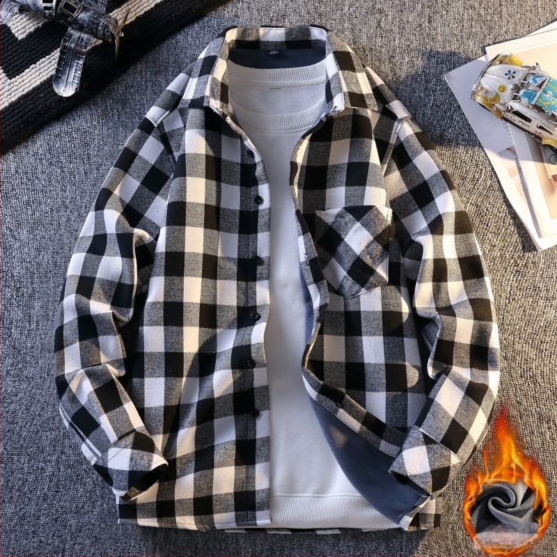 381 Bélelt fleece-kockás férfiing, galléros, hosszú ujjú, casual