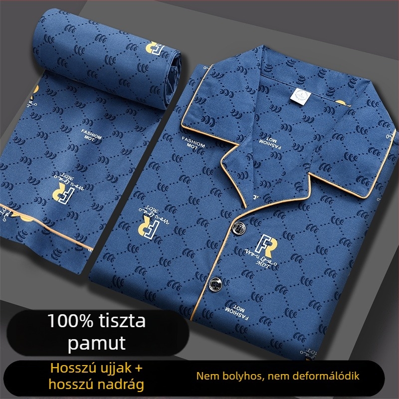 Férfi pamut pizsama készlet, hosszú ujjú, lazán illeszkedő, őszre, luxus stílus