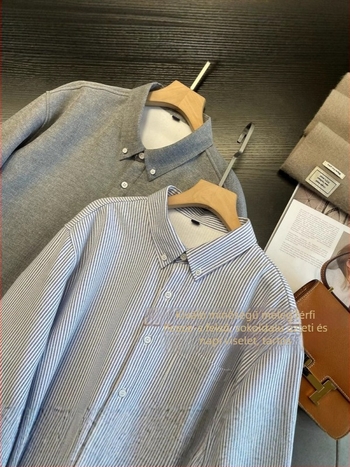 Férfi csíkos Oxford ing fleece-béléssel, vastag anyag, 60% pamut 40% poliészter, gallér rever, hosszú ujjak