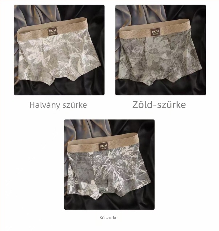 Férfiak számára légáteresztő pamut boxeralsó virágos-geometrikus mintával, középső derékvonal, 90–95% pamut, ágyék rész viszkóz bélés