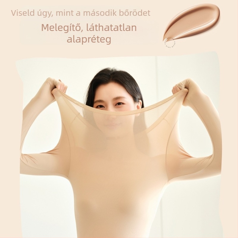 Női őszi-téli vékony alapréteg felső tej bőr textúrával, meleg, hosszú ujjú, kerek nyakú, karcsú szabású