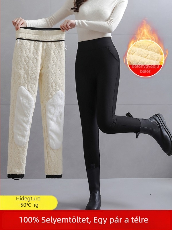 Női báránygyapjú fleece-selyem-pamut leggings, magas derekú téli meleg, extra vastag a térd melegítéséhez