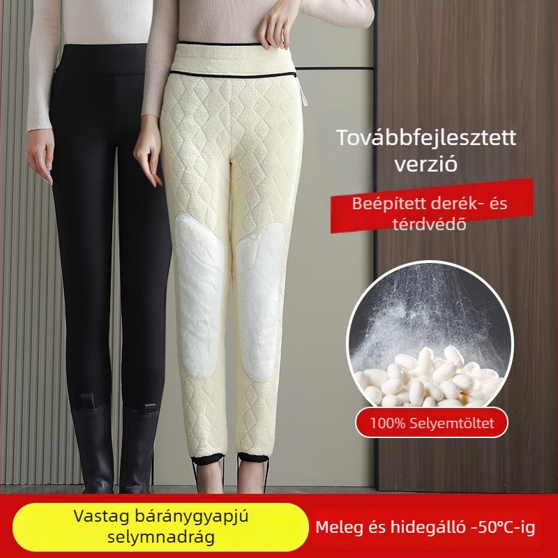 Női báránygyapjú fleece-selyem-pamut leggings, magas derekú téli meleg, extra vastag a térd melegítéséhez