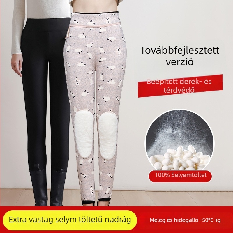 Női báránygyapjú fleece-selyem-pamut leggings, magas derekú téli meleg, extra vastag a térd melegítéséhez