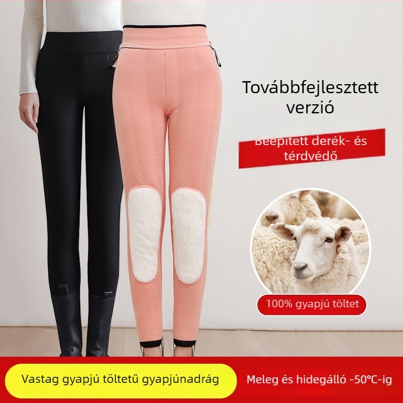 Női báránygyapjú fleece-selyem-pamut leggings, magas derekú téli meleg, extra vastag a térd melegítéséhez