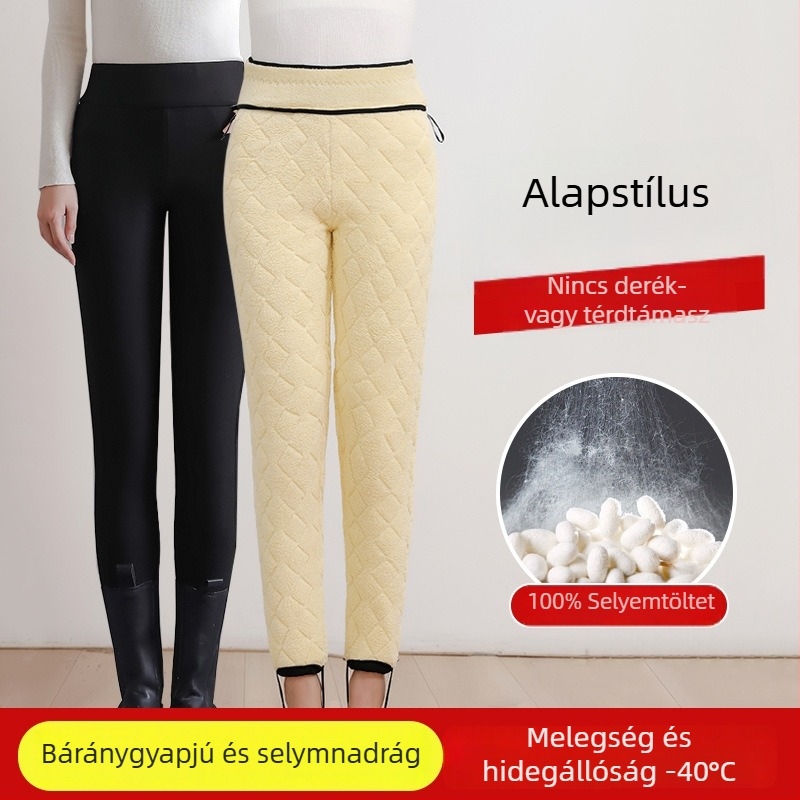Női báránygyapjú fleece-selyem-pamut leggings, magas derekú téli meleg, extra vastag a térd melegítéséhez