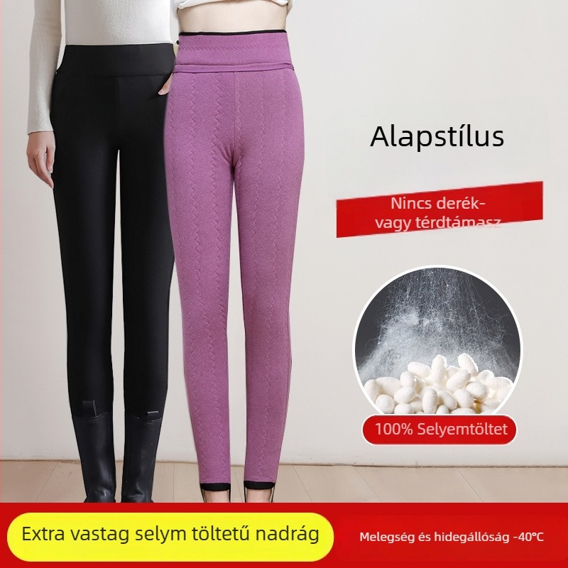Női báránygyapjú fleece-selyem-pamut leggings, magas derekú téli meleg, extra vastag a térd melegítéséhez
