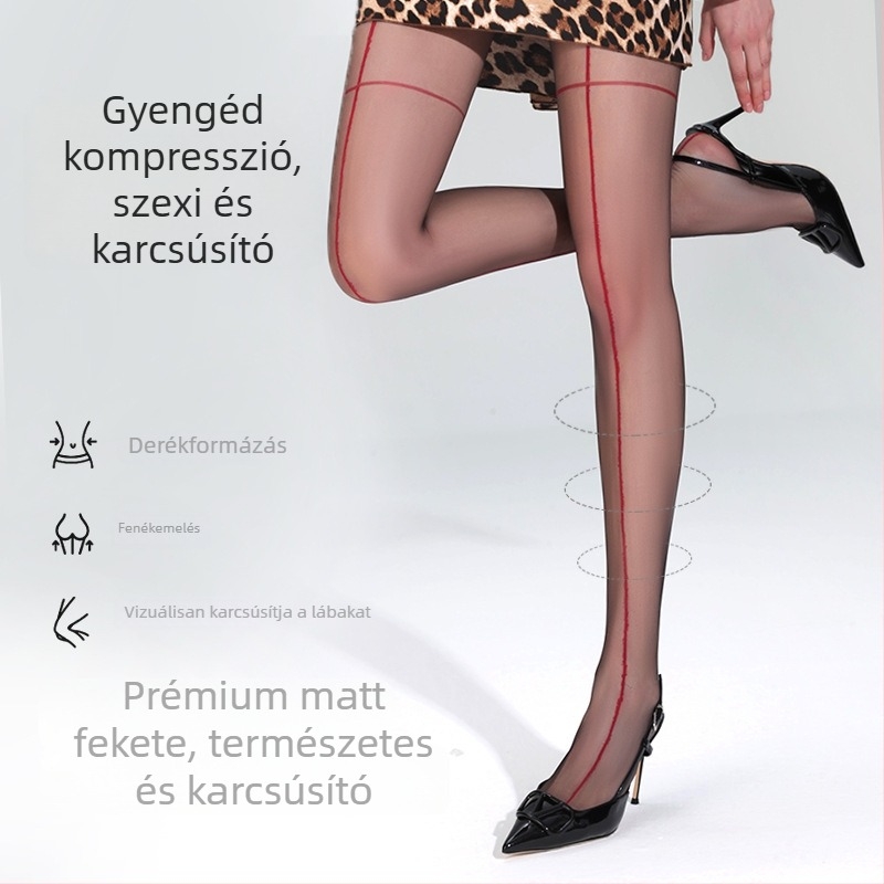 Fekete ultra vékony nylon harisnya piros függőleges csíkokkal, átlátszó, 10D