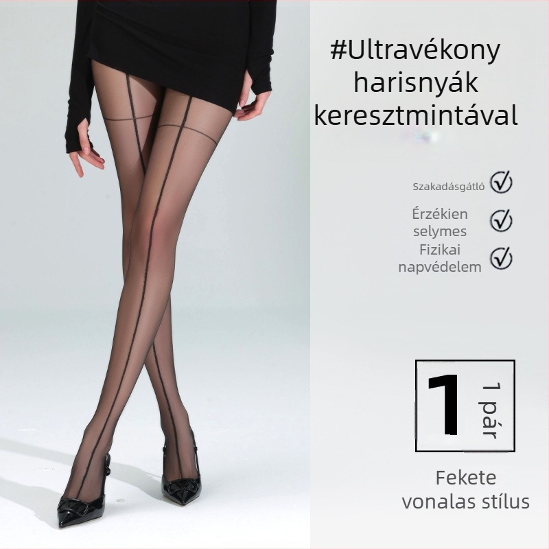 Fekete ultra vékony nylon harisnya piros függőleges csíkokkal, átlátszó, 10D