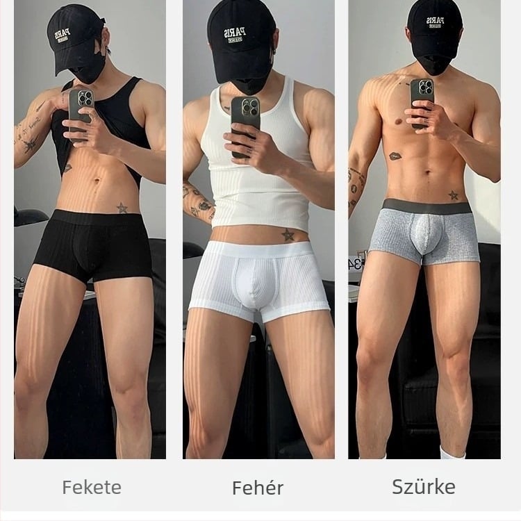 Férfi pamut boxeralsó, középmagas derekú, kötött anyag, lélegző és antibakteriális, fő anyag 90–95% pamut