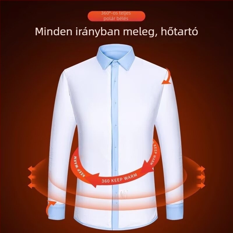 Férfi téli meleg ing – üzleti casual stílusban, fleece béléssel, vastag, karcsú szabás, vasalásmentes, fehér viszkóz anyagú ing