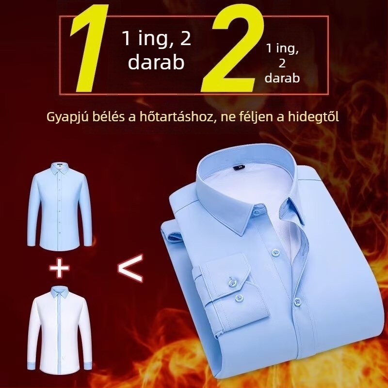 Férfi téli meleg ing – üzleti casual stílusban, fleece béléssel, vastag, karcsú szabás, vasalásmentes, fehér viszkóz anyagú ing