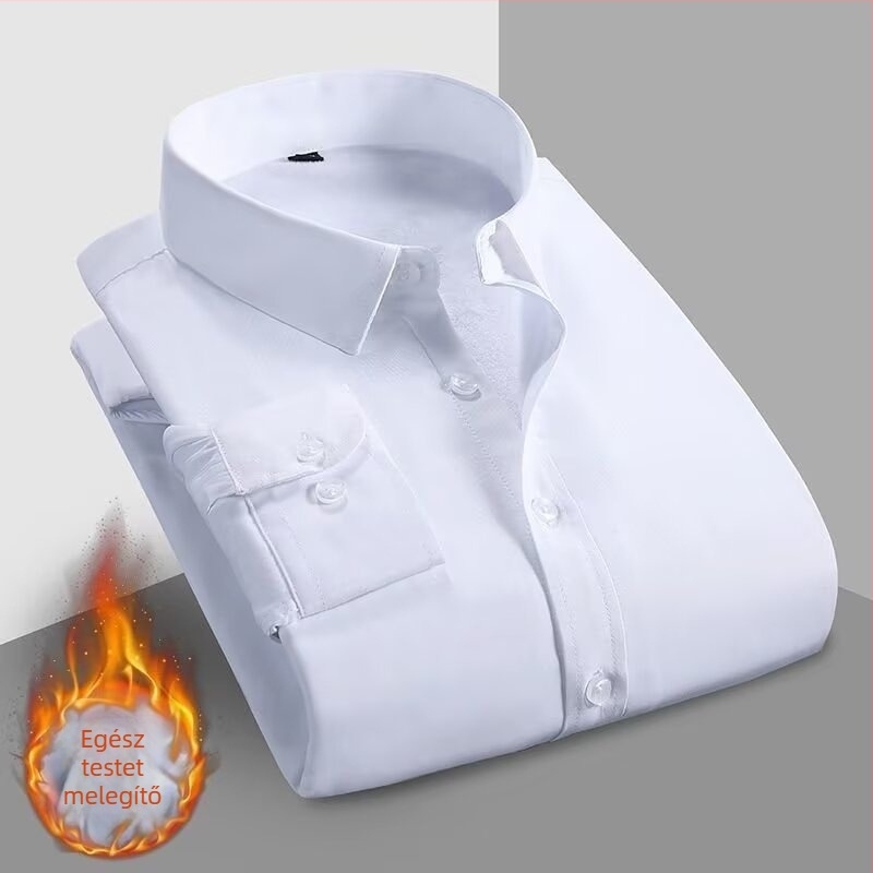 Férfi téli meleg ing – üzleti casual stílusban, fleece béléssel, vastag, karcsú szabás, vasalásmentes, fehér viszkóz anyagú ing