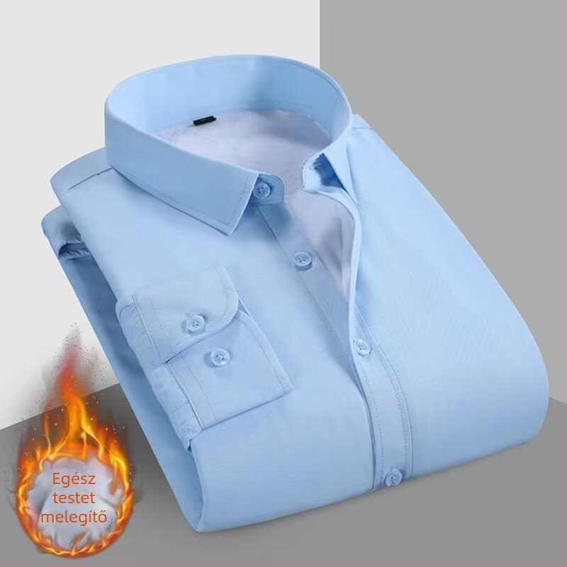 Férfi téli meleg ing – üzleti casual stílusban, fleece béléssel, vastag, karcsú szabás, vasalásmentes, fehér viszkóz anyagú ing