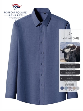 Férfi ing fleece-bélessel, 100% pamut, herringbone minta, hosszú ujjú, gombos gallér