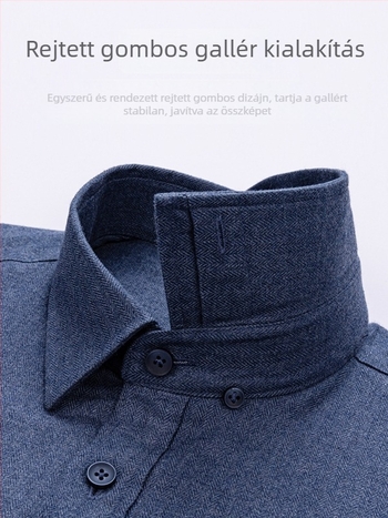 Férfi ing fleece-bélessel, 100% pamut, herringbone minta, hosszú ujjú, gombos gallér