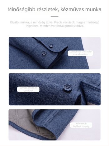 Férfi ing fleece-bélessel, 100% pamut, herringbone minta, hosszú ujjú, gombos gallér
