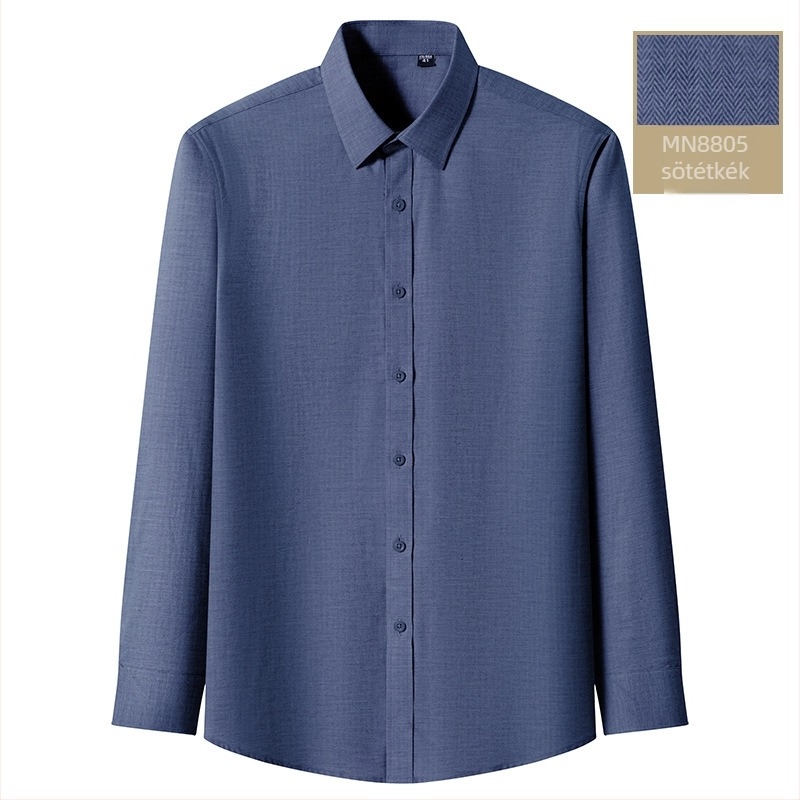 Férfi ing fleece-bélessel, 100% pamut, herringbone minta, hosszú ujjú, gombos gallér