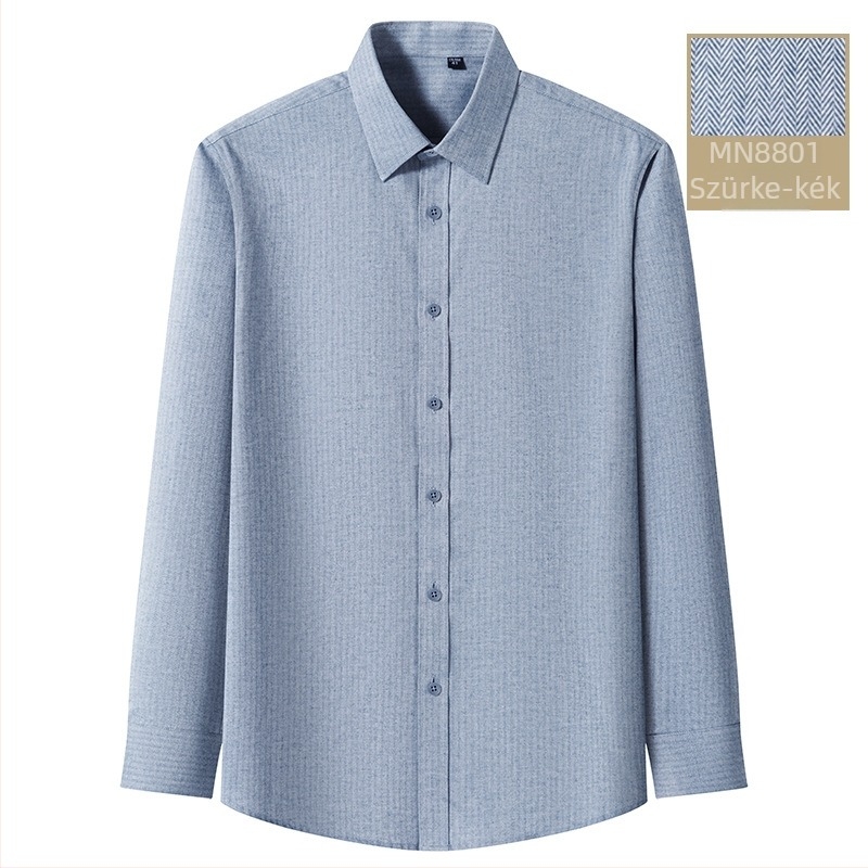 Férfi ing fleece-bélessel, 100% pamut, herringbone minta, hosszú ujjú, gombos gallér