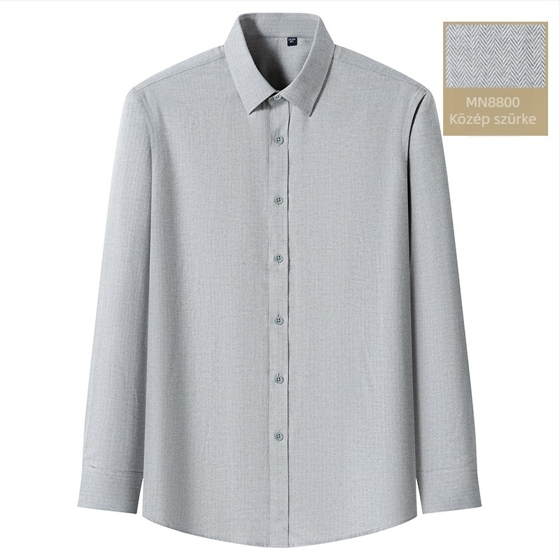 Férfi ing fleece-bélessel, 100% pamut, herringbone minta, hosszú ujjú, gombos gallér