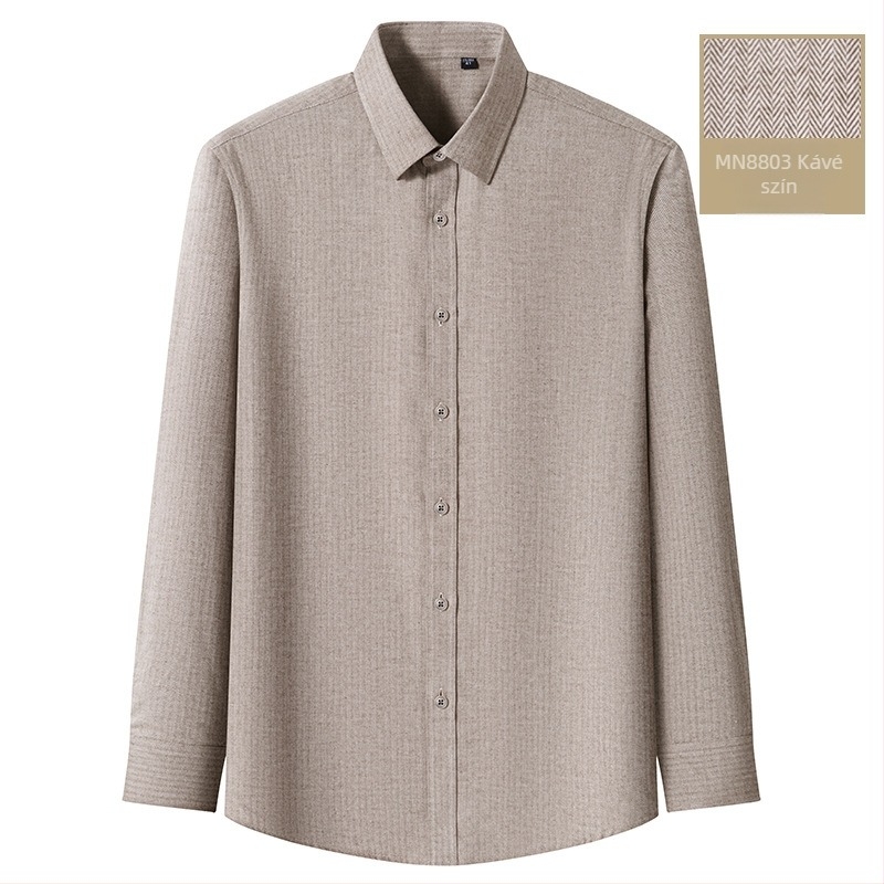 Férfi ing fleece-bélessel, 100% pamut, herringbone minta, hosszú ujjú, gombos gallér