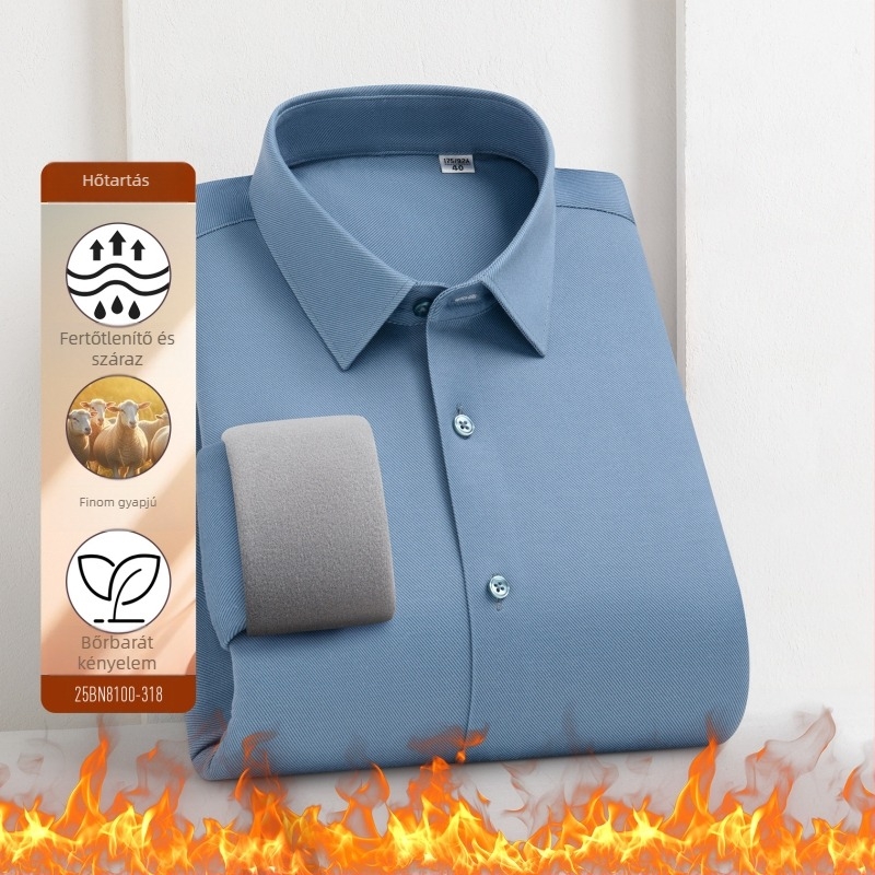 Férfi üzleti ing fleece-béléssel, meleg télen, lélegző, gyűrődésálló, poliészter-keverék
