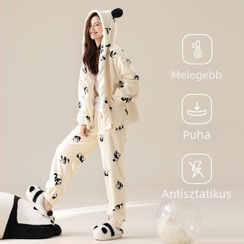 Női kapucnis pizsama korall-flízzel, vastag téli otthoni viselet Panda mintával