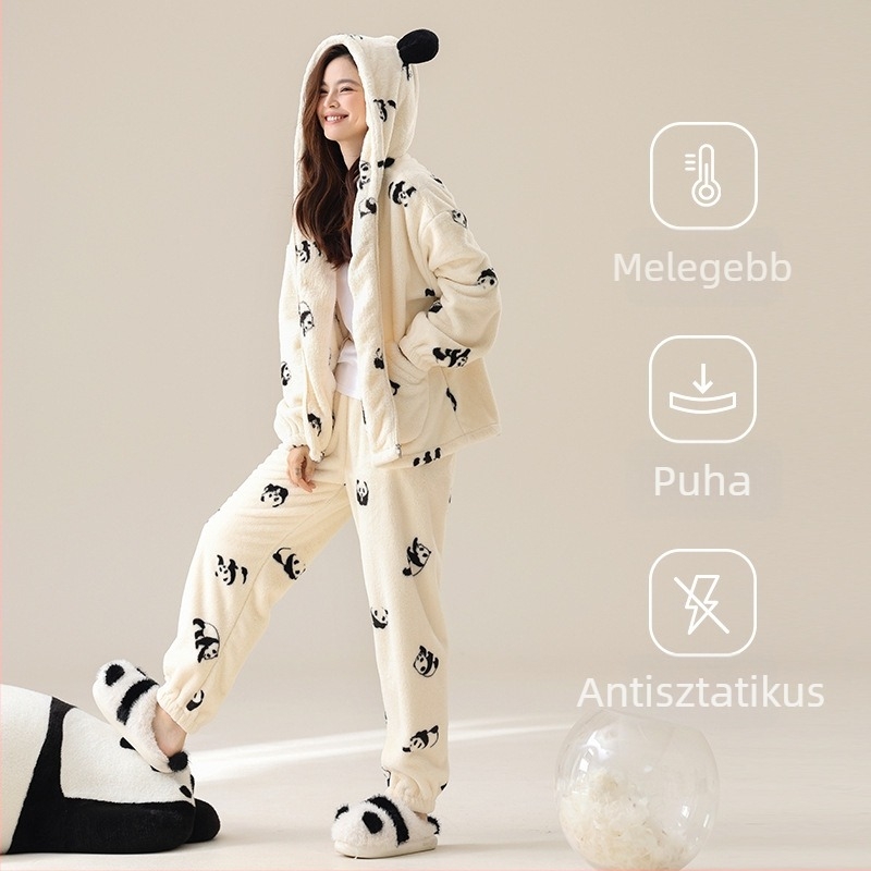 Női kapucnis pizsama korall-flízzel, vastag téli otthoni viselet Panda mintával
