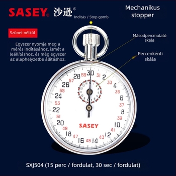 Mechanikus stopperóra rozsdamentes acél tokkal, vízálló, szünet funkcióval, 0,1 minimális skála, nettó tömeg 120 g