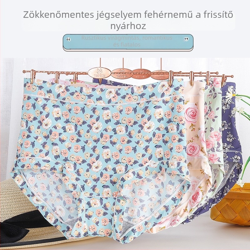 Nincs varrásos női alsó, antibakteriális pamut bélés, légáteresztő, virágmintás, vékony nyári modell, középmagas derék, plusz méret, jégselyem stílus