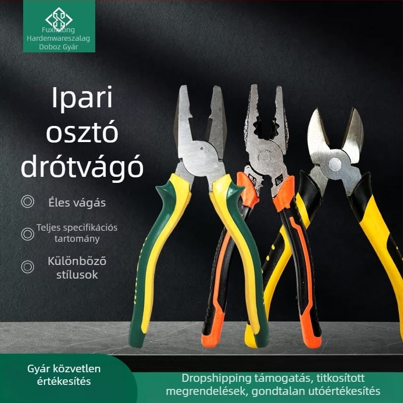 Fogókészlet: zárható fogó, huzalozó fogó, diagonális fogó, hegyes orrú fogó; teljes hossz 200 mm; Malle acélból készült állvány; PVC markolatok; vágási kapacitás 4 mm