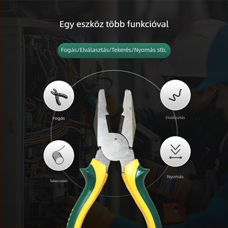 Fogókészlet: zárható fogó, huzalozó fogó, diagonális fogó, hegyes orrú fogó; teljes hossz 200 mm; Malle acélból készült állvány; PVC markolatok; vágási kapacitás 4 mm