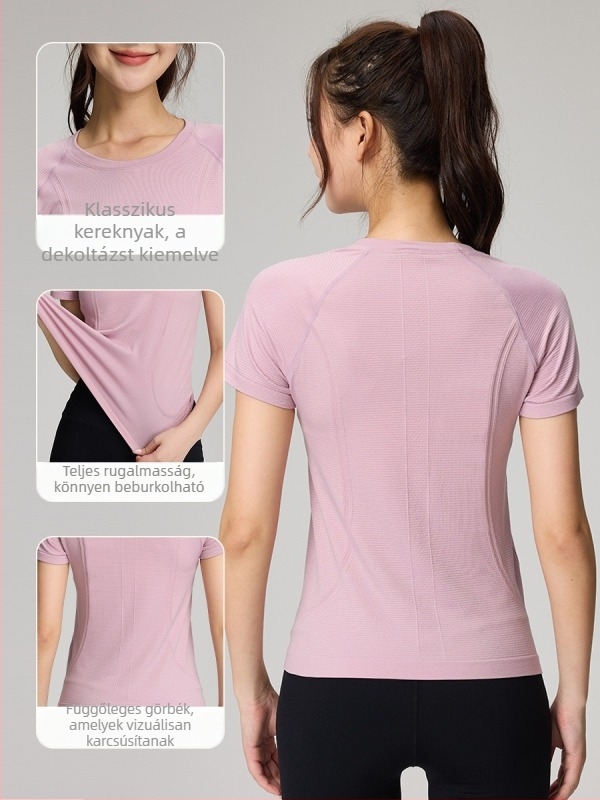 Női seamless tornázó felső, légáteresztő, egy darabos szövésű anyag, nylon 97% spandex 3%, rövid ujjú, karcsú fazon, csípőig érő hossz