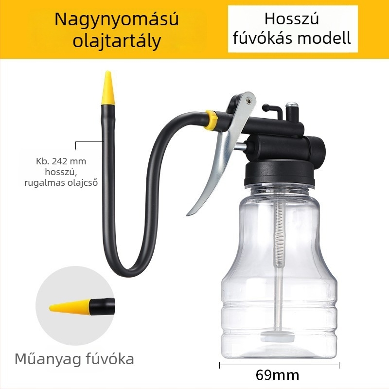Motorolajtartály hosszú csővel, nagy nyomású, átlátszó test, puha kifúvó
