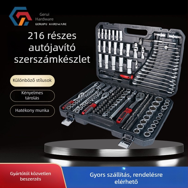 Gorepu 216 darabos autójavító szerszámkészlet, socket- és racsnis kulcsokkal – magas széntartalmú acél, 1/4, 3/8 és 1/2 hüvelykes meghajtók, autó- és gépjavításhoz