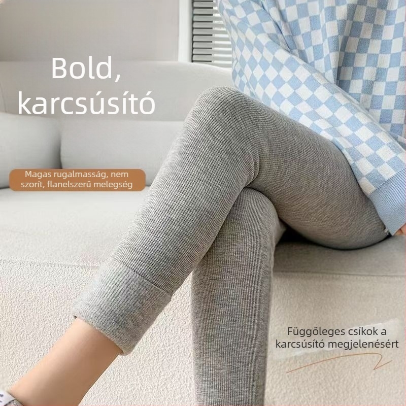 Női őszi-téli függőleges csíkos melegítő leggings fleece-bevonattal, magas derék, 3/4 hosszúságú, meleg