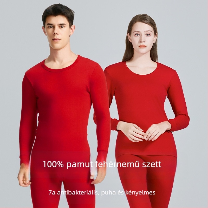 100% pamut antibakteriális melegítő alsóruha készlet, uniszex – Yu Zhaolin, vörös zodiákus év jelével, hosszú ujjú felső és nadrág
