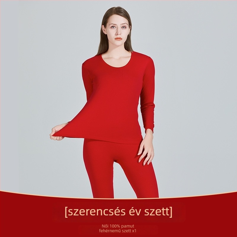 100% pamut antibakteriális melegítő alsóruha készlet, uniszex – Yu Zhaolin, vörös zodiákus év jelével, hosszú ujjú felső és nadrág
