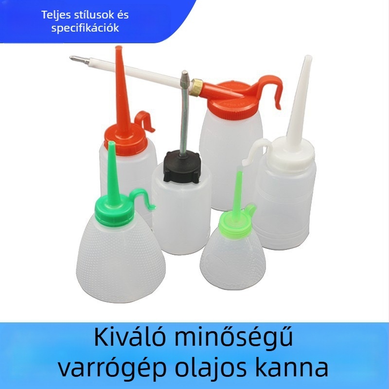 Műanyag olajtartály varrógépekhez, különböző méretek, hegyes fémtömlővel