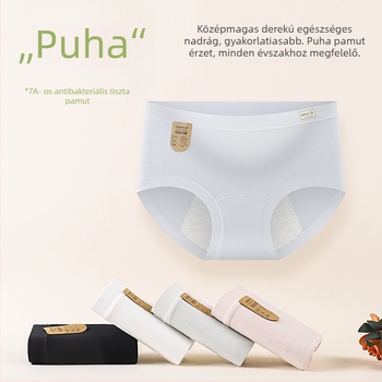 Női pamut menstruációs alsónemű antibakteriális ágyéki rész, szivárgás elleni védelem, középmagas derekú, fő anyag 95% pamut, bélés 95% pamut.